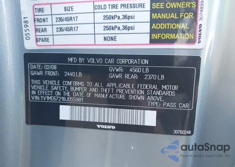 2008 Volvo C70 T5 z USA, uszkodzony, nr VIN YV1MC67218J055981